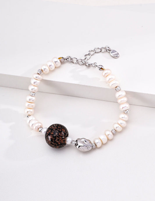 S925 Silver Natural Pearl & Artisan Glass Bracelet | Adjustable Handmade Nepal Glass Bead Bracelet | Unique Iridescent Vintage Charm for Women | Vintage Baroque Pearl & Gold Plated Sterling Silver Jewelry | sweetsaga Jewelry Store