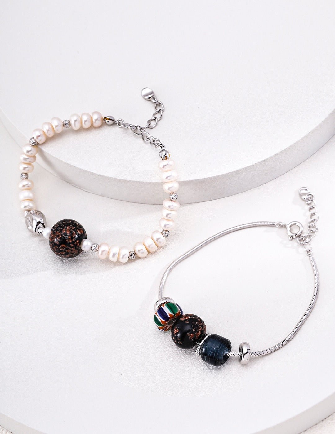 S925 Silver Natural Pearl & Artisan Glass Bracelet | Adjustable Handmade Nepal Glass Bead Bracelet | Unique Iridescent Vintage Charm for Women | Vintage Baroque Pearl & Gold Plated Sterling Silver Jewelry | sweetsaga Jewelry Store