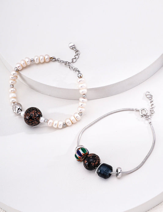 S925 Silver Natural Pearl & Artisan Glass Bracelet | Adjustable Handmade Nepal Glass Bead Bracelet | Unique Iridescent Vintage Charm for Women | Vintage Baroque Pearl & Gold Plated Sterling Silver Jewelry | sweetsaga Jewelry Store
