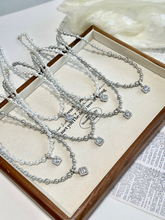 S925 Silver Natural Pearl Pendant Necklace with Square CZ Diamond | Vintage Layering Choker in Grey & White | Dainty Charm Jewelry for Women | Vintage Baroque Pearl & Gold Plated Sterling Silver Jewelry | sweetsaga Jewelry Store