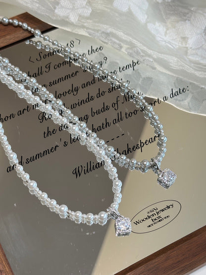 S925 Silver Natural Pearl Pendant Necklace with Square CZ Diamond | Vintage Layering Choker in Grey & White | Dainty Charm Jewelry for Women | Vintage Baroque Pearl & Gold Plated Sterling Silver Jewelry | sweetsaga Jewelry Store