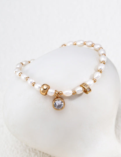 S925 Silver Pearl & Zircon Bracelet · Vintage Gold · Natural Freshwater Pearl | Vintage Baroque Pearl & Gold Plated Sterling Silver Jewelry | sweetsaga Jewelry Store