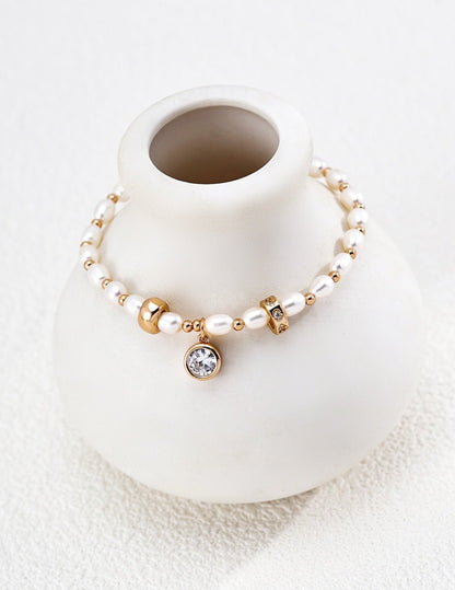 S925 Silver Pearl & Zircon Bracelet · Vintage Gold · Natural Freshwater Pearl | Vintage Baroque Pearl & Gold Plated Sterling Silver Jewelry | sweetsaga Jewelry Store