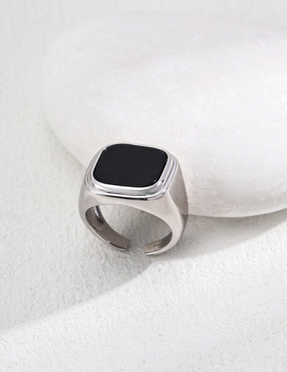 S925 Silver Black Onyx Signet Ring | Adjustable Vintage Gold & Platinum Tone Band | Minimalist Gemstone Jewelry