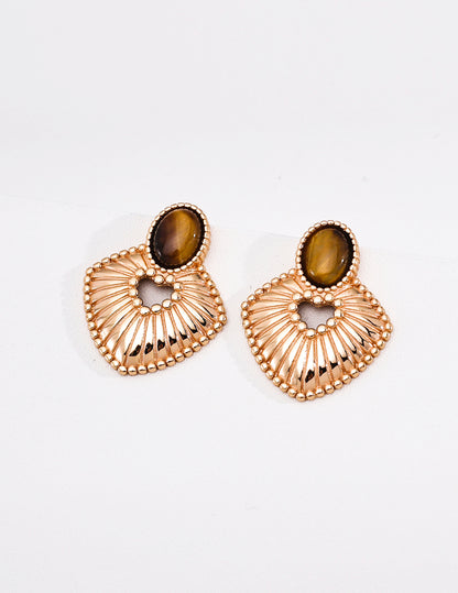 S925 Silver Tiger Eye & Black Onyx Earrings | Vintage French Style Drop Jewelry