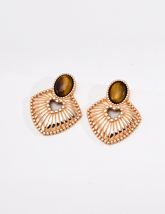 S925 Silver Tiger Eye & Black Onyx Earrings | Vintage French Style Drop Jewelry