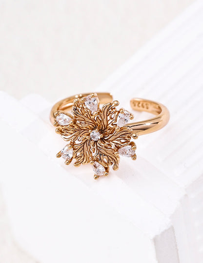 925 Sterling Silver Flower Ring | Adjustable Open Band with Cubic Zirconia | Vintage Gold 6-Petal Lily Promise Ring for Women