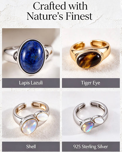 Three-Stone Lapis Tiger Eye Shell Ring | S925 Silver Adjustable Band