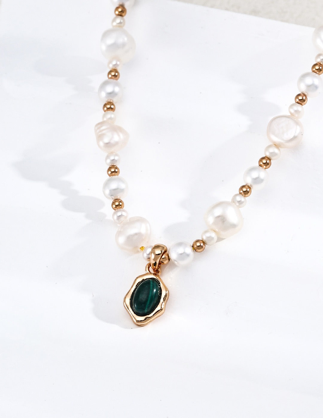 Natural Pearl & Malachite Necklace with Gold Flowing Pendant | 38+6cm Adjustable Vintage Jewelry for WomenD0501-6