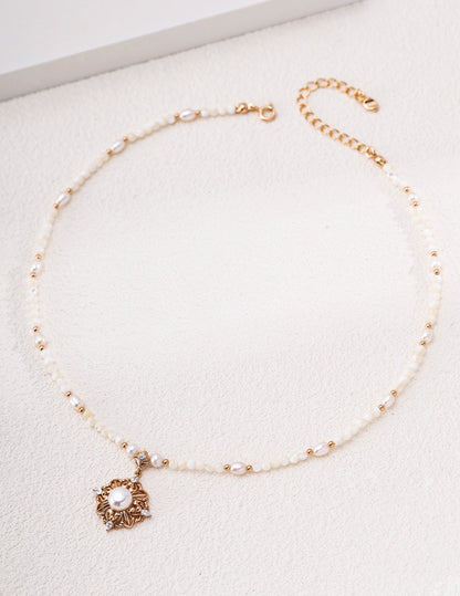 Victorian Rococo Pearl Crown Necklace | S925 Silver Hollow Carved Pendant ：D0645