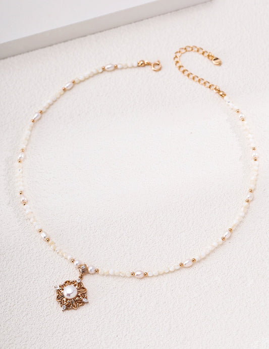 Victorian Rococo Pearl Crown Necklace | S925 Silver Hollow Carved Pendant ：D0645