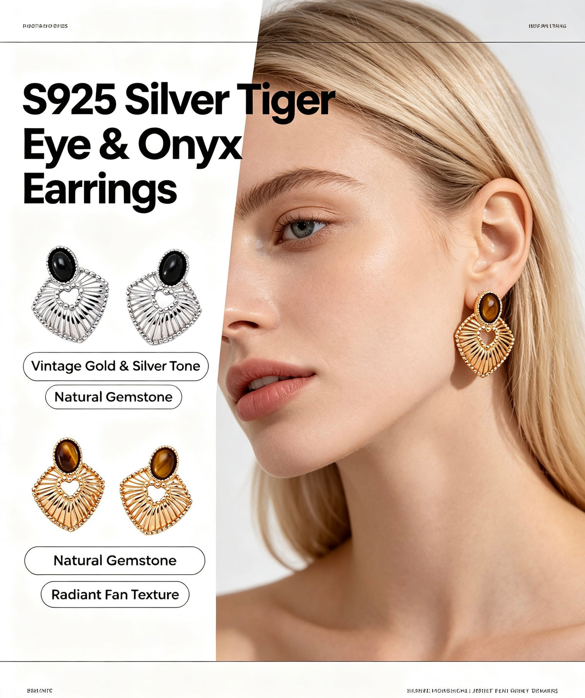 S925 Silver Tiger Eye & Black Onyx Earrings | Vintage French Style Drop Jewelry