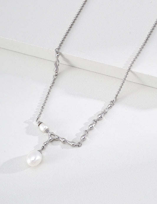 S925 Sterling Silver Lava Flow Pearl Necklace — Vintage Gold & Platinum | D0767 | Vintage Baroque Pearl & Gold Plated Sterling Silver Jewelry | sweetsaga Jewelry Store