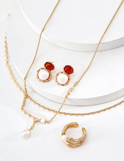 S925 Sterling Silver Lava Flow Pearl Necklace — Vintage Gold & Platinum | D0767 | Vintage Baroque Pearl & Gold Plated Sterling Silver Jewelry | sweetsaga Jewelry Store