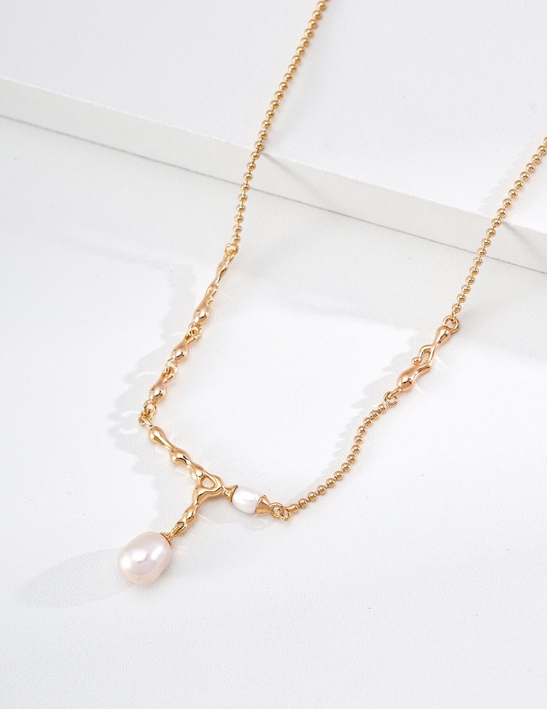 S925 Sterling Silver Lava Flow Pearl Necklace — Vintage Gold & Platinum | D0767 | Vintage Baroque Pearl & Gold Plated Sterling Silver Jewelry | sweetsaga Jewelry Store