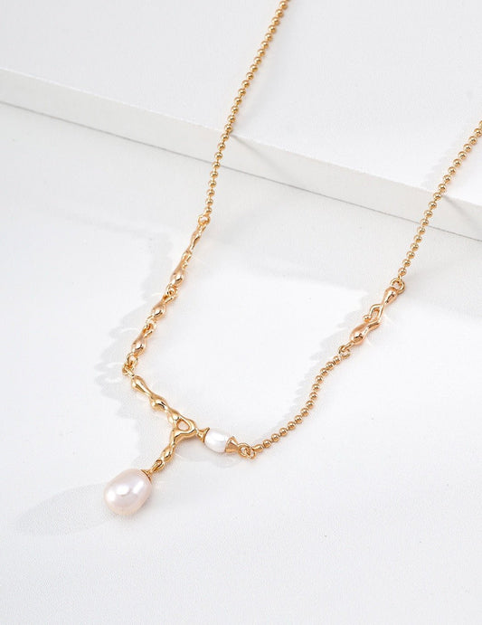 S925 Sterling Silver Lava Flow Pearl Necklace — Vintage Gold & Platinum | D0767 | Vintage Baroque Pearl & Gold Plated Sterling Silver Jewelry | sweetsaga Jewelry Store