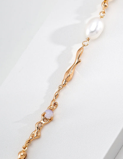 S925 Sterling Silver Liquid Flow Pearl & Opal Necklace — Vintage Gold | D0765-2 | Vintage Baroque Pearl & Gold Plated Sterling Silver Jewelry | sweetsaga Jewelry Store