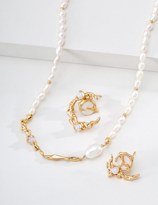 S925 Sterling Silver Liquid Flow Pearl & Opal Necklace — Vintage Gold | D0765-2 | Vintage Baroque Pearl & Gold Plated Sterling Silver Jewelry | sweetsaga Jewelry Store