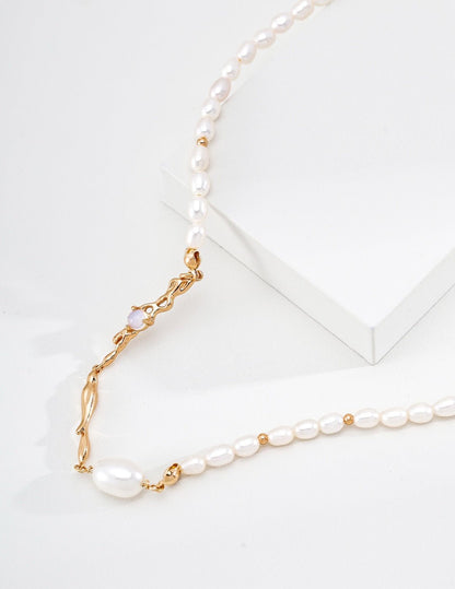 S925 Sterling Silver Liquid Flow Pearl & Opal Necklace — Vintage Gold | D0765-2 | Vintage Baroque Pearl & Gold Plated Sterling Silver Jewelry | sweetsaga Jewelry Store