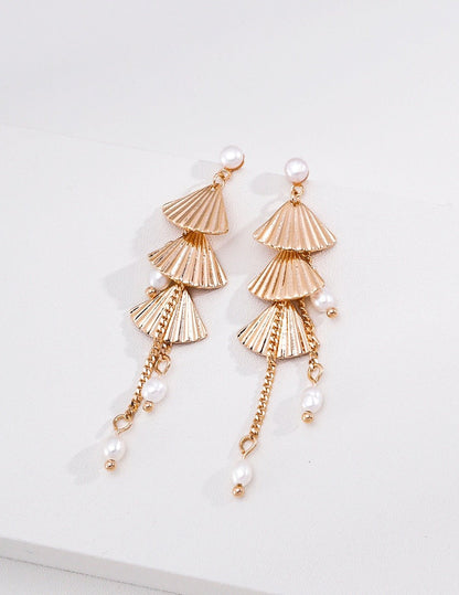 S925 Sterling Silver Natural Pearl Dangle Earrings | Vintage Gold & Silver Fan-Shaped Drop Jewelry | Hypoallergenic 4cm Earrings for Women | Vintage Baroque Pearl & Gold Plated Sterling Silver Jewelry | sweetsaga Jewelry Store