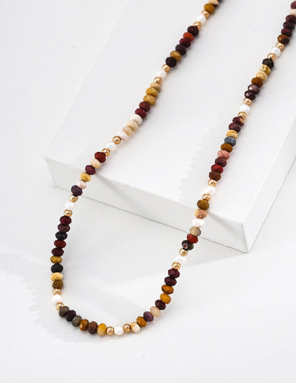 S925 Sterling Silver Yellow Jasper & Pearl Necklace — Vintage Gold | D0775-2 | Vintage Baroque Pearl & Gold Plated Sterling Silver Jewelry | sweetsaga Jewelry Store