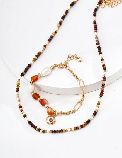 S925 Sterling Silver Yellow Jasper & Pearl Necklace — Vintage Gold | D0775-2 | Vintage Baroque Pearl & Gold Plated Sterling Silver Jewelry | sweetsaga Jewelry Store