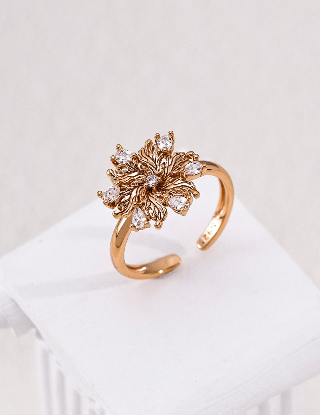 925 Sterling Silver Flower Ring | Adjustable Open Band with Cubic Zirconia | Vintage Gold 6-Petal Lily Promise Ring for Women