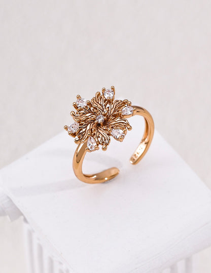 925 Sterling Silver Flower Ring | Adjustable Open Band with Cubic Zirconia | Vintage Gold 6-Petal Lily Promise Ring for Women