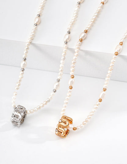 Sterling Silver Natural Pearl & Zirconia Pendant NecklaceD0769 | Vintage Baroque Pearl & Gold Plated Sterling Silver Jewelry | sweetsaga Jewelry Store