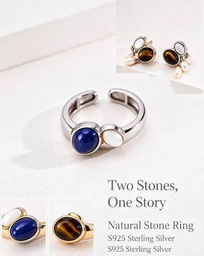 Three-Stone Lapis Tiger Eye Shell Ring | Vintage Baroque Pearl & Gold Plated Sterling Silver Jewelry | sweetsaga Jewelry Store