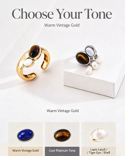 Three-Stone Lapis Tiger Eye Shell Ring | Vintage Baroque Pearl & Gold Plated Sterling Silver Jewelry | sweetsaga Jewelry Store