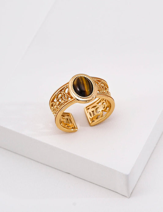 Vintage Court Tiger Eye Ring | Vintage Baroque Pearl & Gold Plated Sterling Silver Jewelry | sweetsaga Jewelry Store