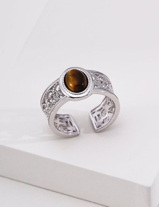 Vintage Court Tiger Eye Ring | Vintage Baroque Pearl & Gold Plated Sterling Silver Jewelry | sweetsaga Jewelry Store